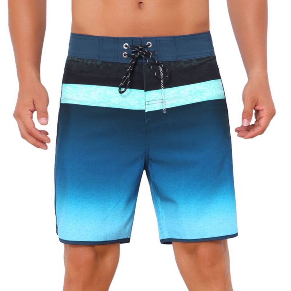 Summer Drawstring Elastic Waist Color Block Beach Shorts Dark Blue